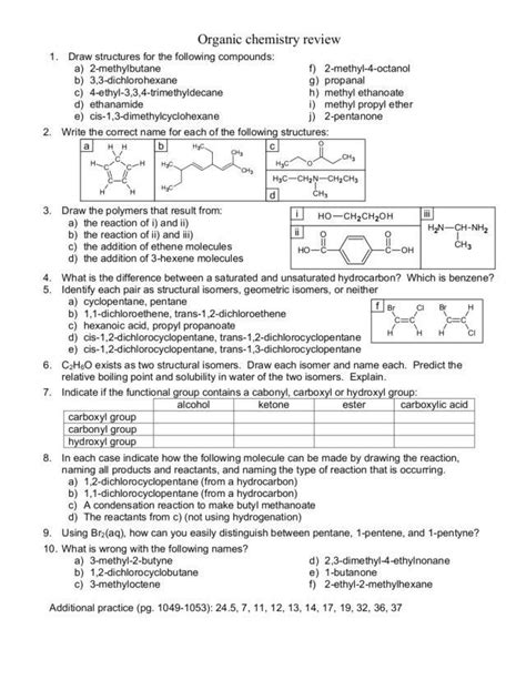 Organic Chemistry Review Worksheet - worksheet